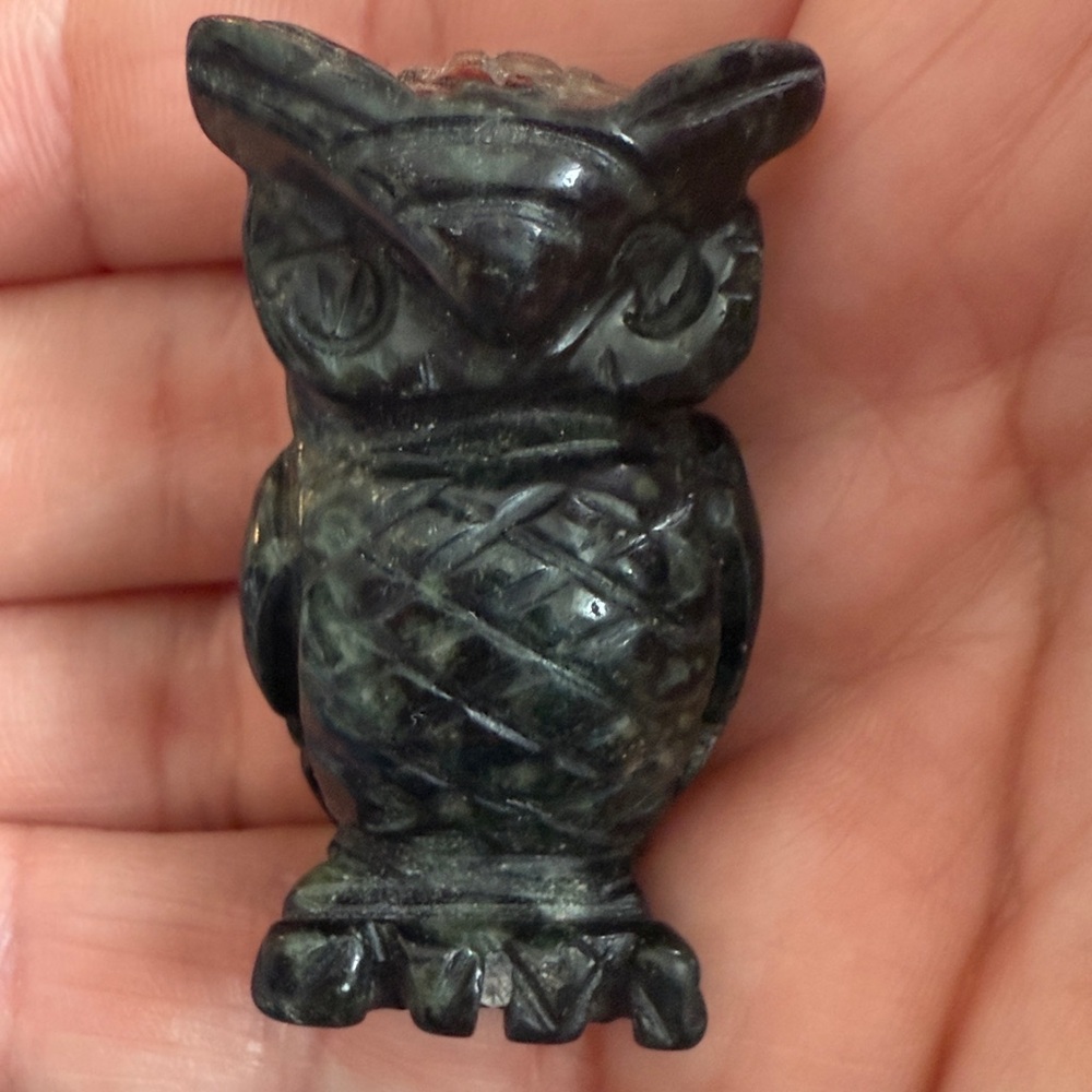 Hand Carved Textured Gemstone Owl Figurine Etched Feathers Pocket Totem